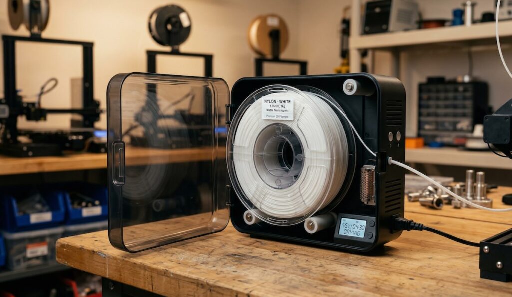 Cívka nylonového filamentu PA12 v sušičce pro FDM 3D tisk